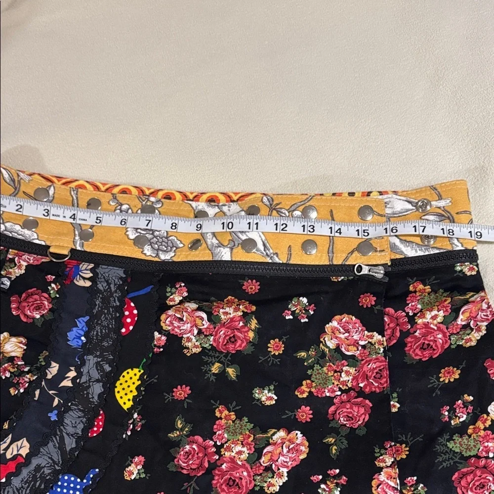Zand Amsterdam Black Floral Mini Skirt with Yellow Contrast Waistband